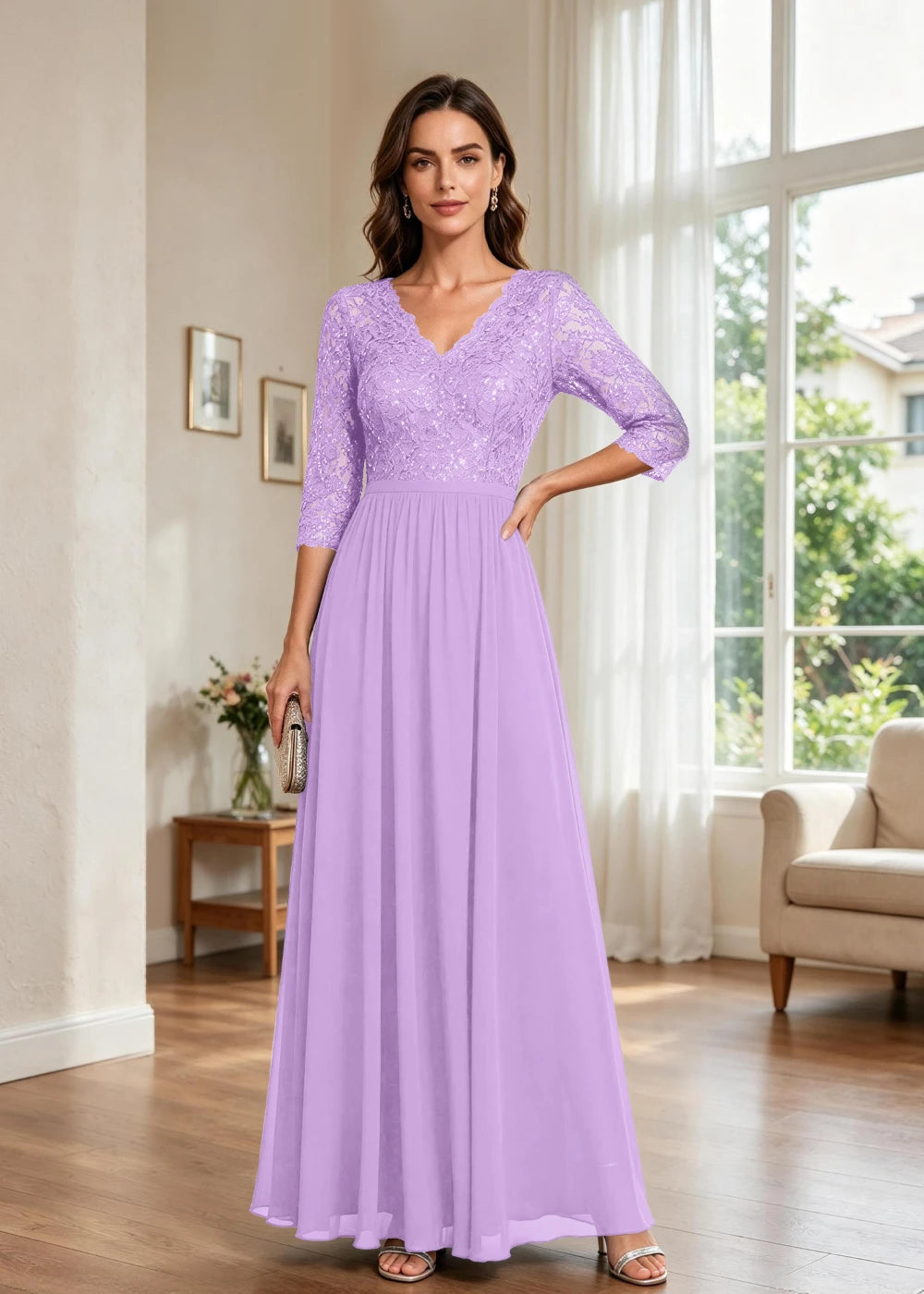 Navy Blue V-Neck Lace-Sleeve Chiffon Maxi Dress