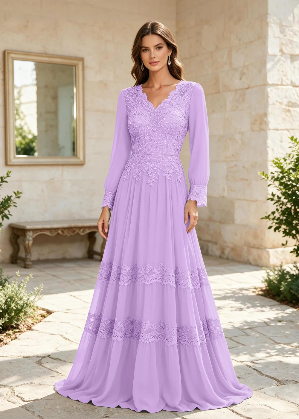 Dusty Blue Long-Sleeve Lace-Tiered Chiffon Gown