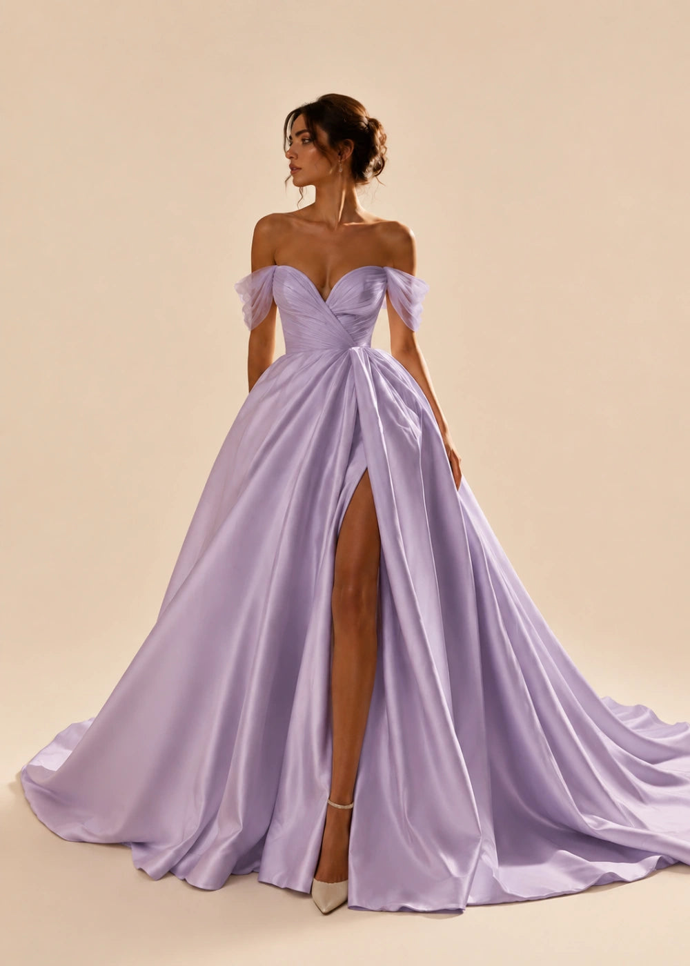Front view of the lavender off-the-shoulder A-line gown with a corset bodice, high slit, and train