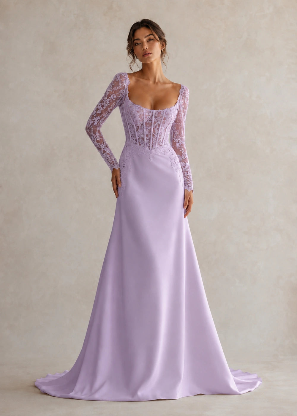 Front view of the lavender square-neck fitted gown with long floral-lace sleeves and a softly flared train