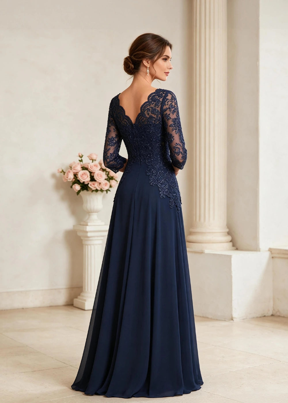 Navy Blue Three-Quarter-Sleeve Lace Chiffon Gown