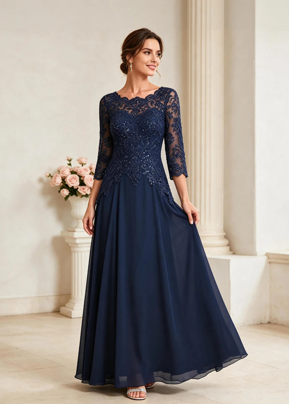 Navy Blue Three-Quarter-Sleeve Lace Chiffon Gown