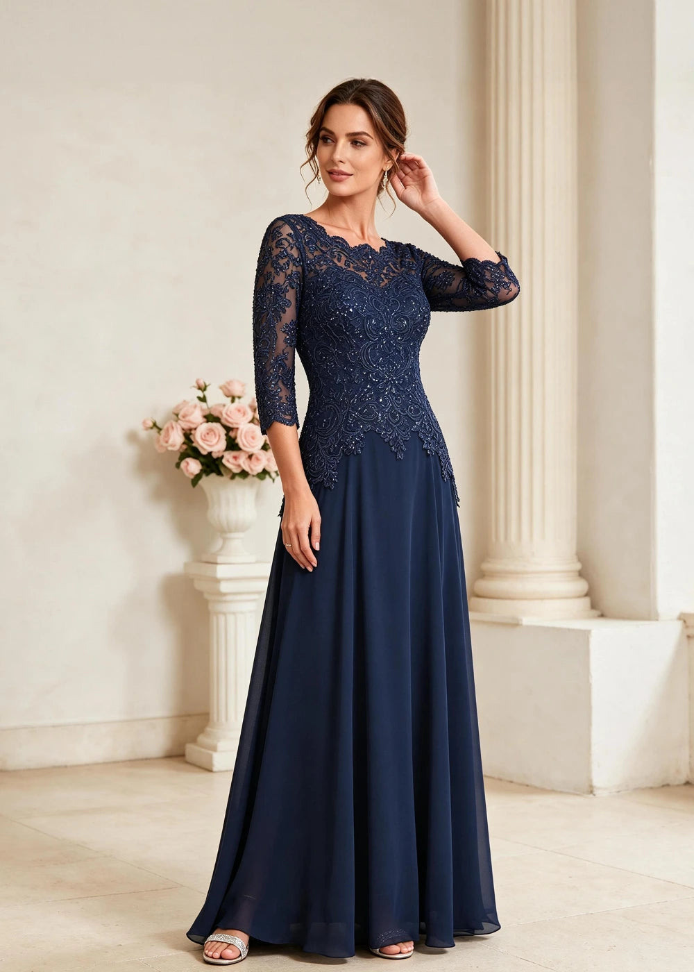 Navy Blue Three-Quarter-Sleeve Lace Chiffon Gown