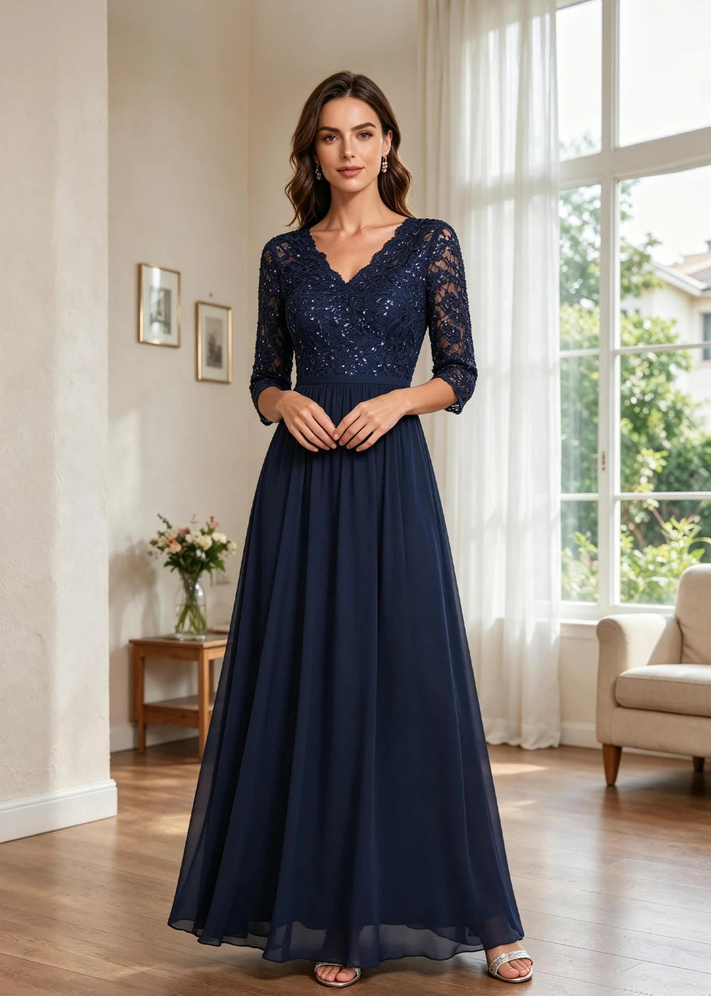 Navy Blue V-Neck Lace-Sleeve Chiffon Maxi Dress