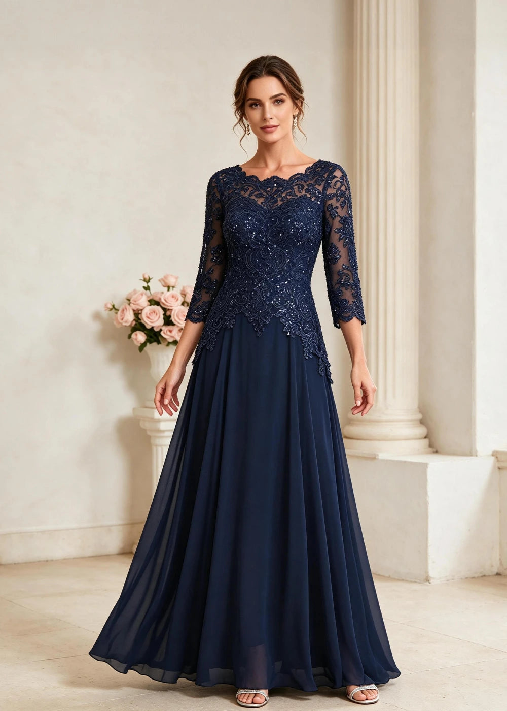 Navy Blue Three-Quarter-Sleeve Lace Chiffon Gown