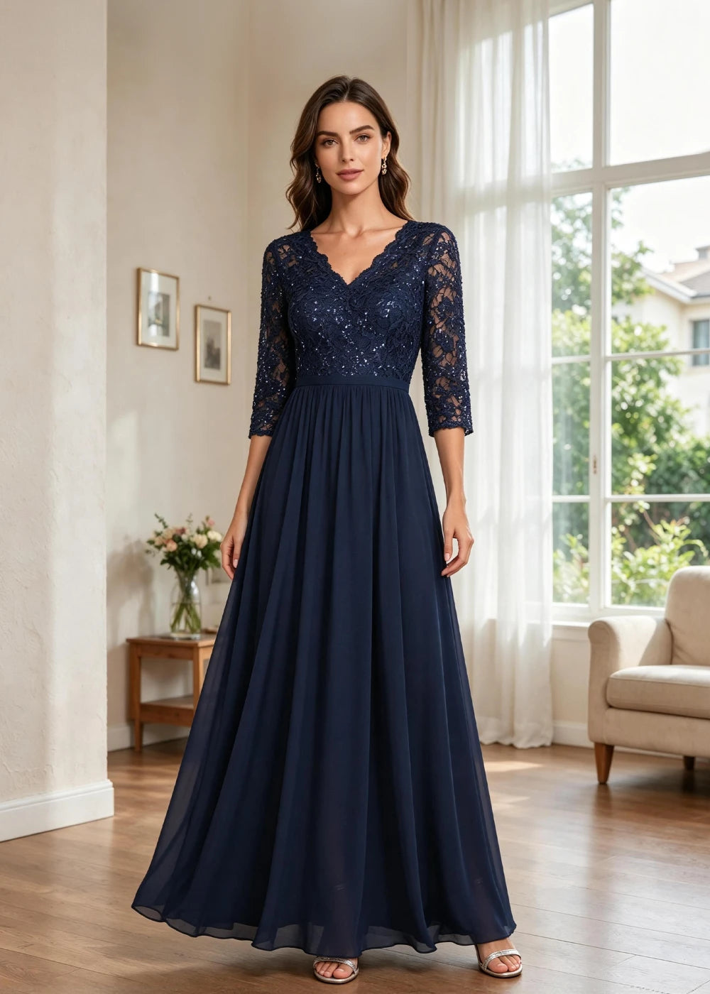 Navy Blue V-Neck Lace-Sleeve Chiffon Maxi Dress