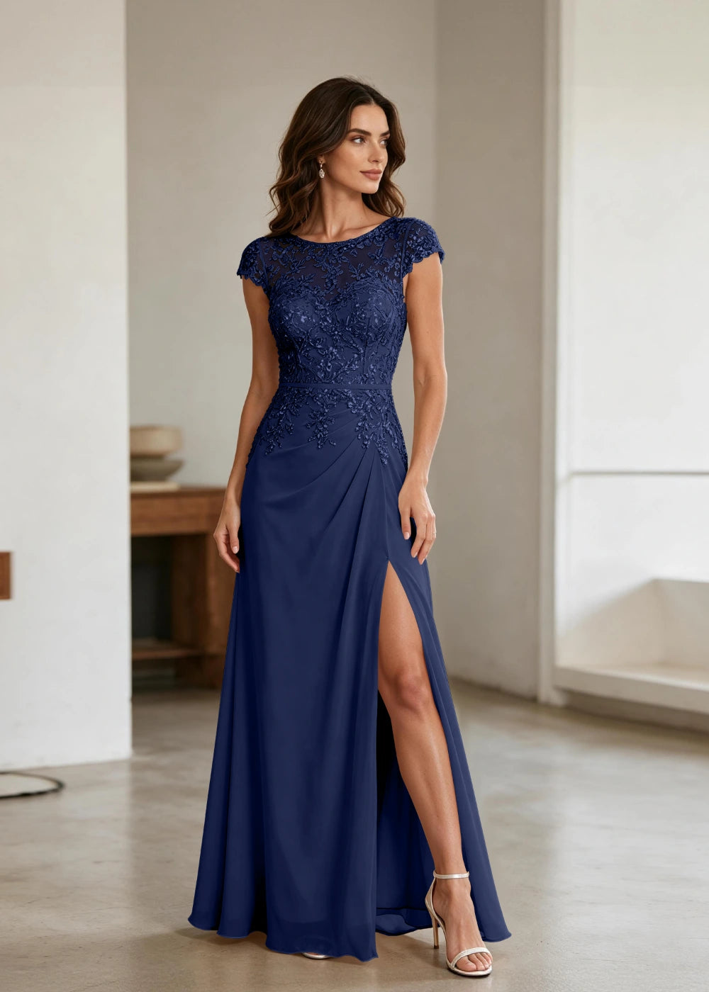 Champagne Lace Cap-Sleeve Chiffon Formal Dress