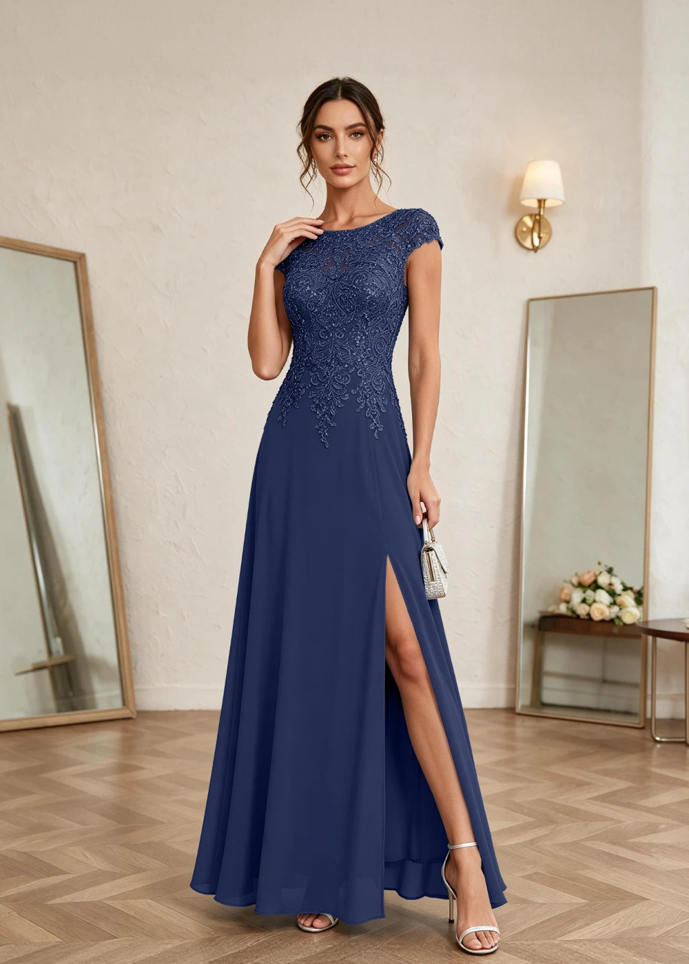 Dusty Blue Cap-Sleeve Lace Chiffon Dress with Slit
