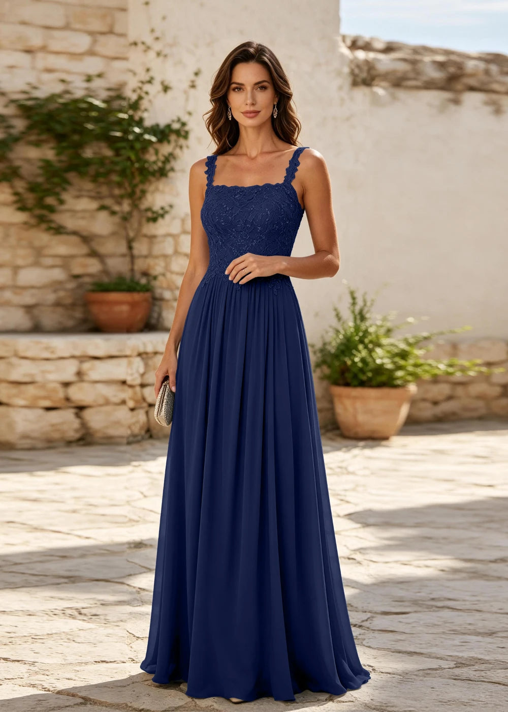 Dusty Blue Square-Neck Beaded Chiffon Evening Gown