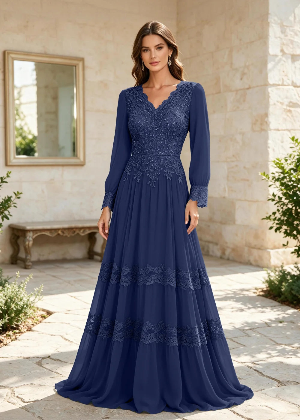 Dusty Blue Long-Sleeve Lace-Tiered Chiffon Gown