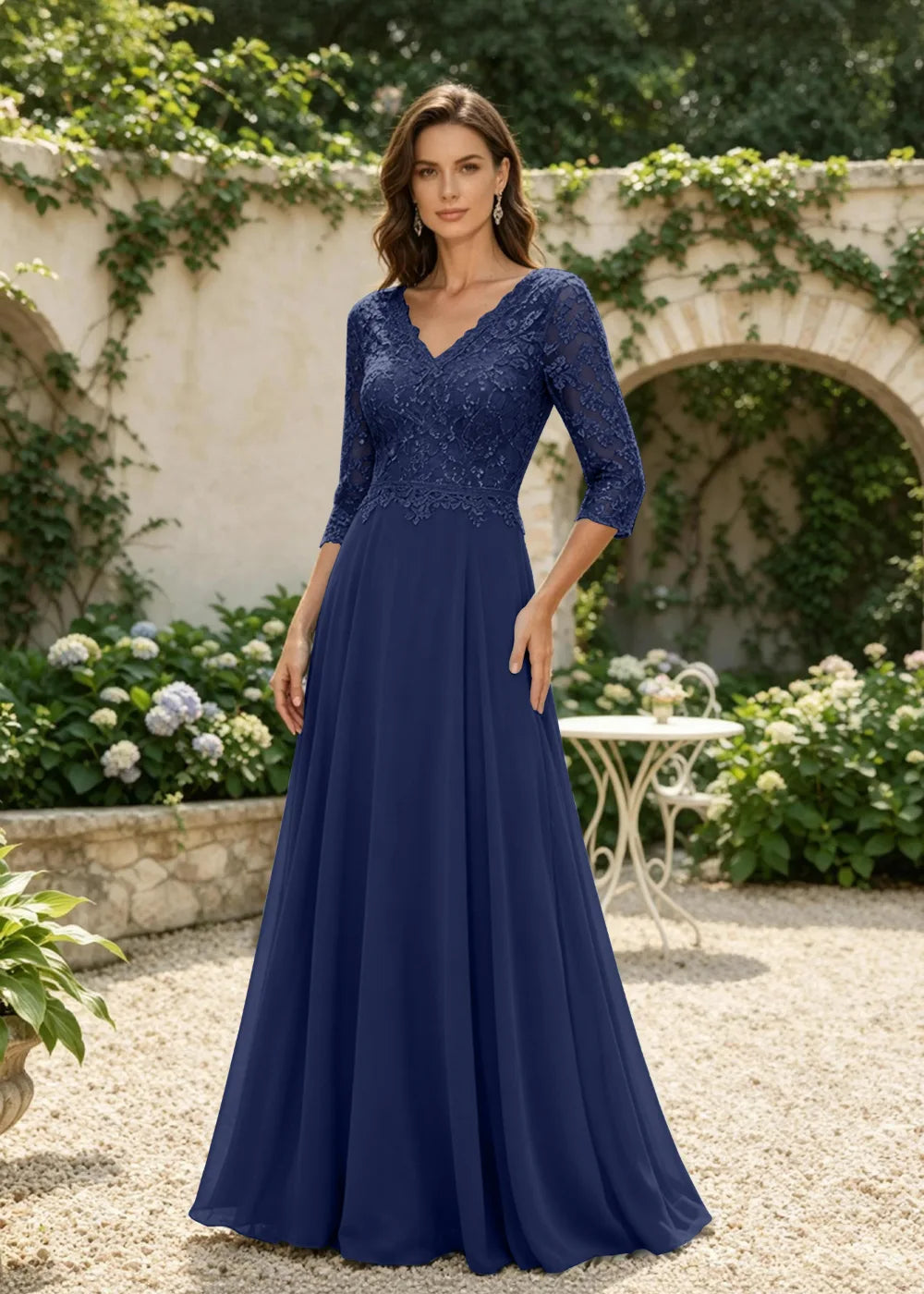 Dusty Blue V-Neck Three-Quarter Lace-Sleeve Maxi Dress
