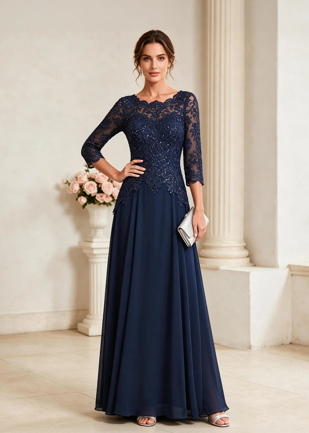Navy Blue Three-Quarter-Sleeve Lace Chiffon Gown