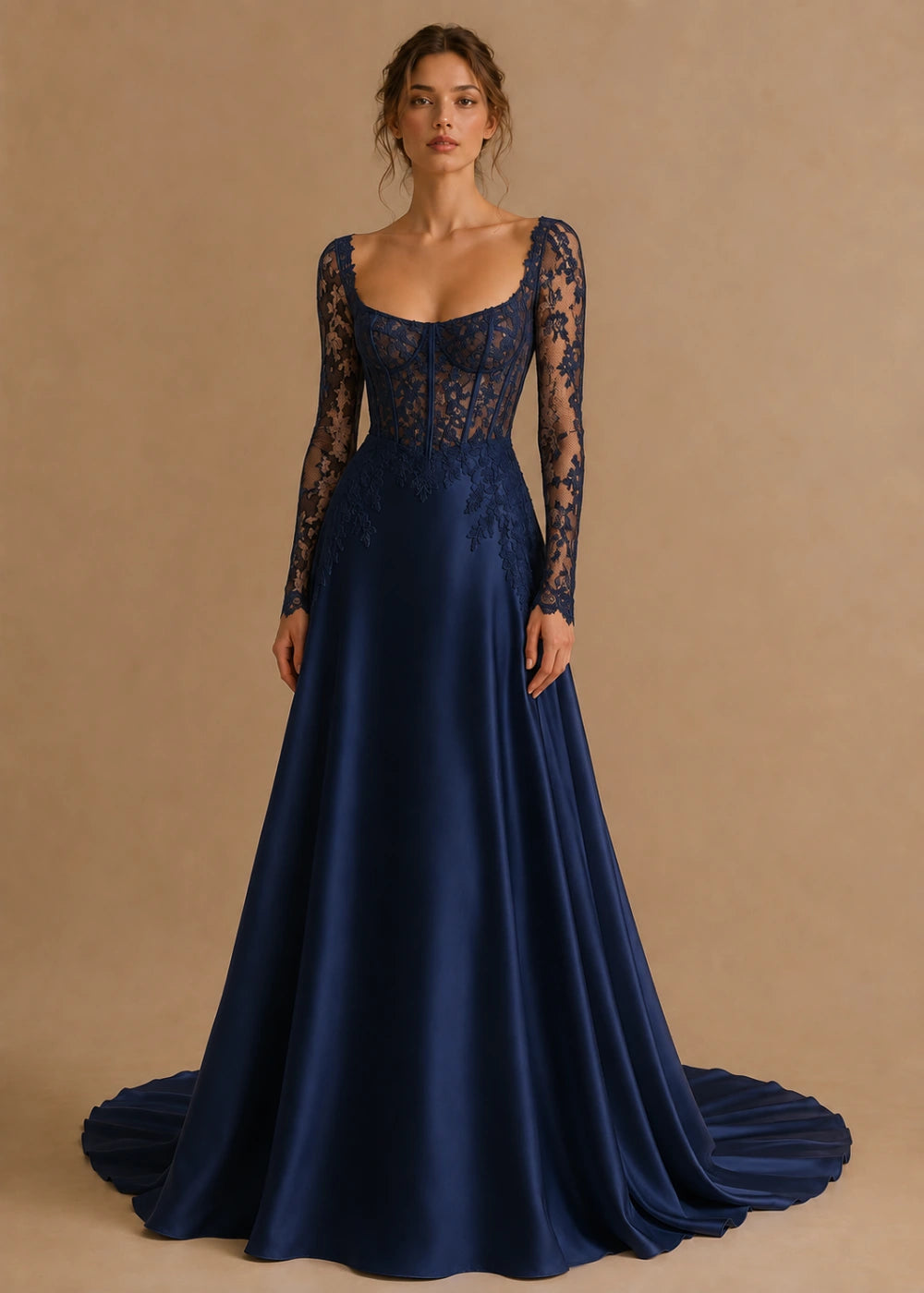 Front view of the navy blue square-neck A-line gown with a lace corset-style bodice, long sleeves, and a train