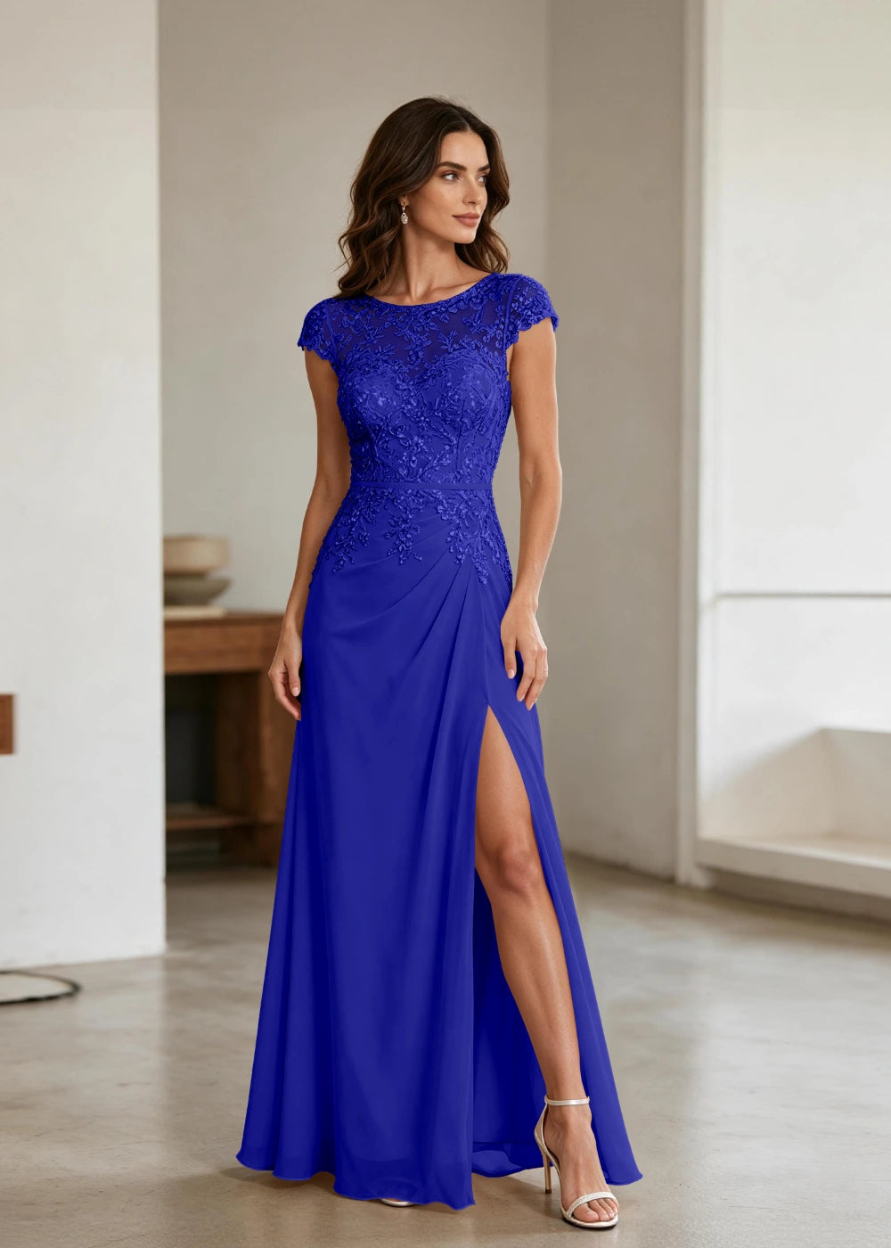 Champagne Lace Cap-Sleeve Chiffon Formal Dress