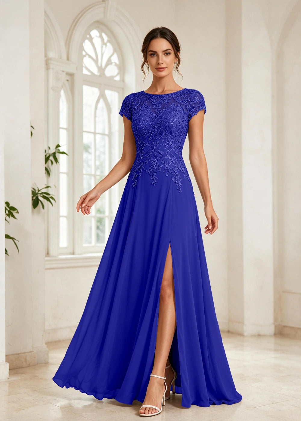 Slate Blue Beaded Cap-Sleeve Chiffon Formal Dress
