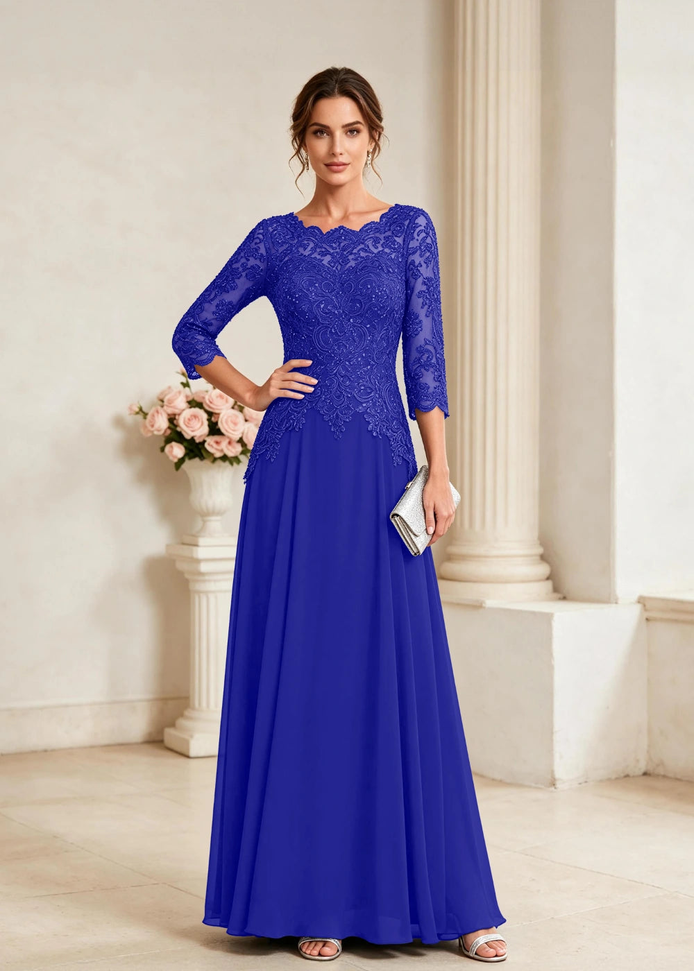 Navy Blue Three-Quarter-Sleeve Lace Chiffon Gown
