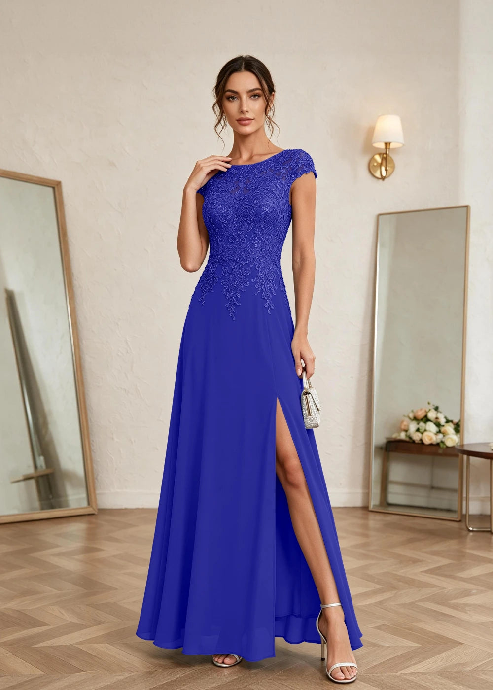 Dusty Blue Cap-Sleeve Lace Chiffon Dress with Slit