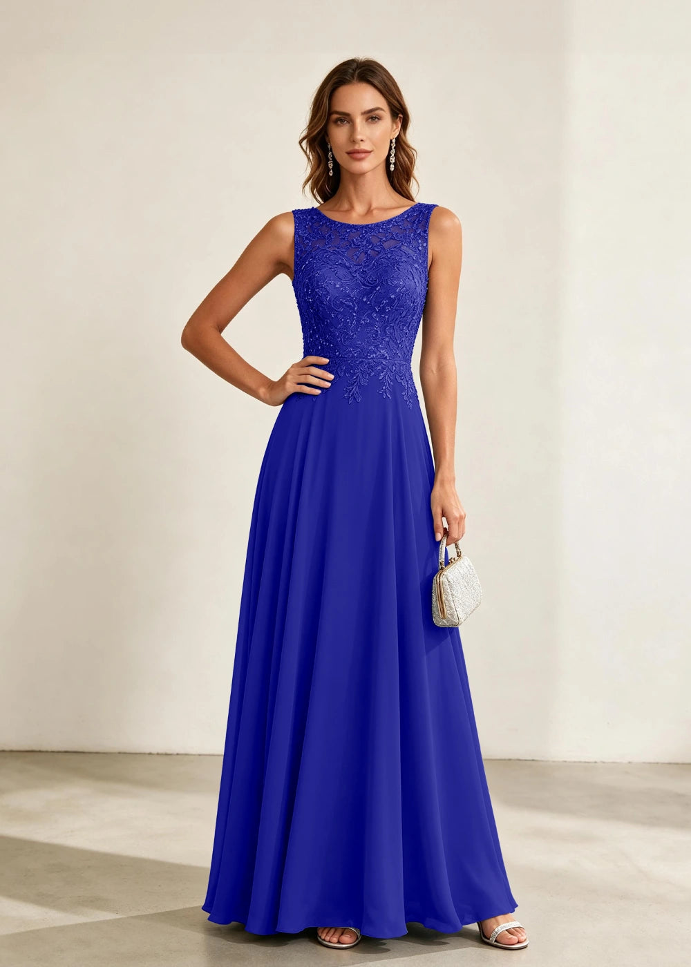 Dusty Blue Sleeveless Lace-Bodice Chiffon Formal Dress