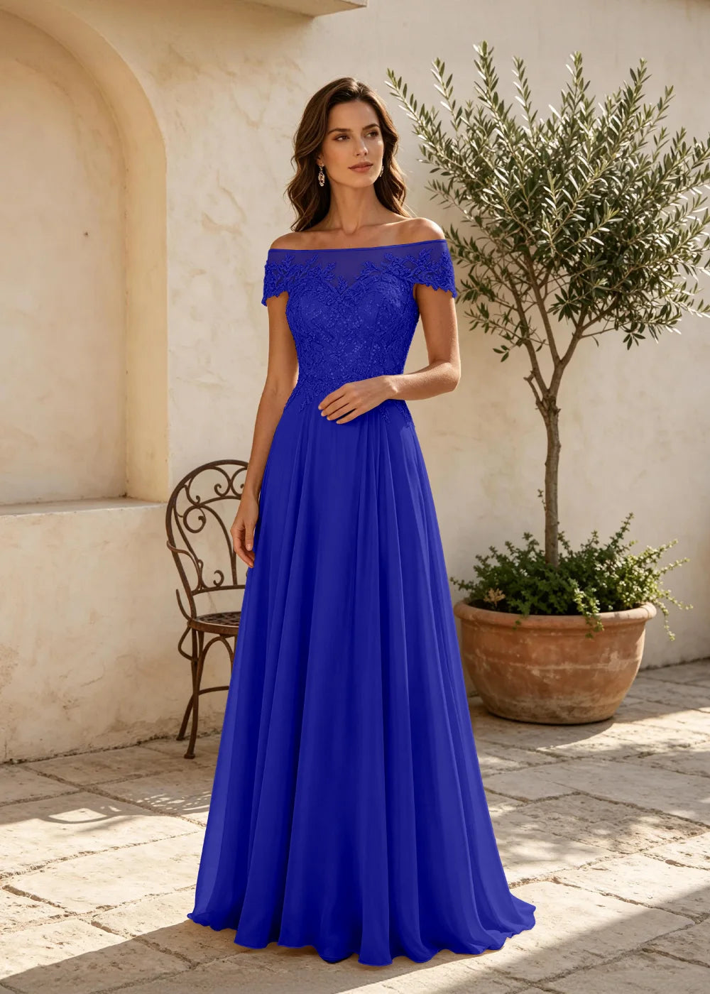 Champagne Off the Shoulder Maxi Dress with Lace