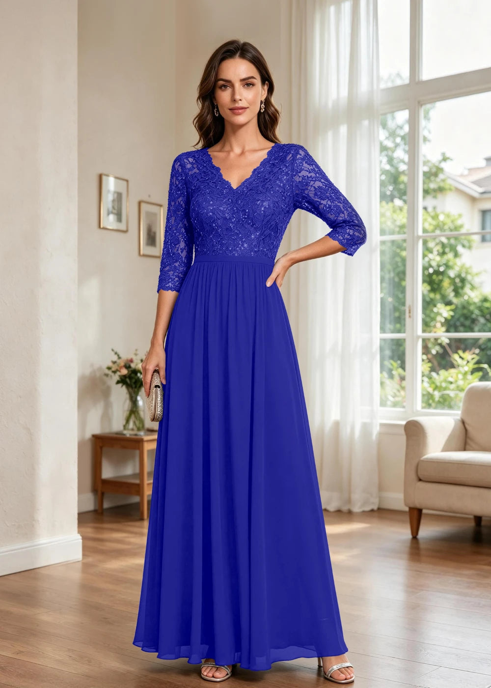 Navy Blue V-Neck Lace-Sleeve Chiffon Maxi Dress