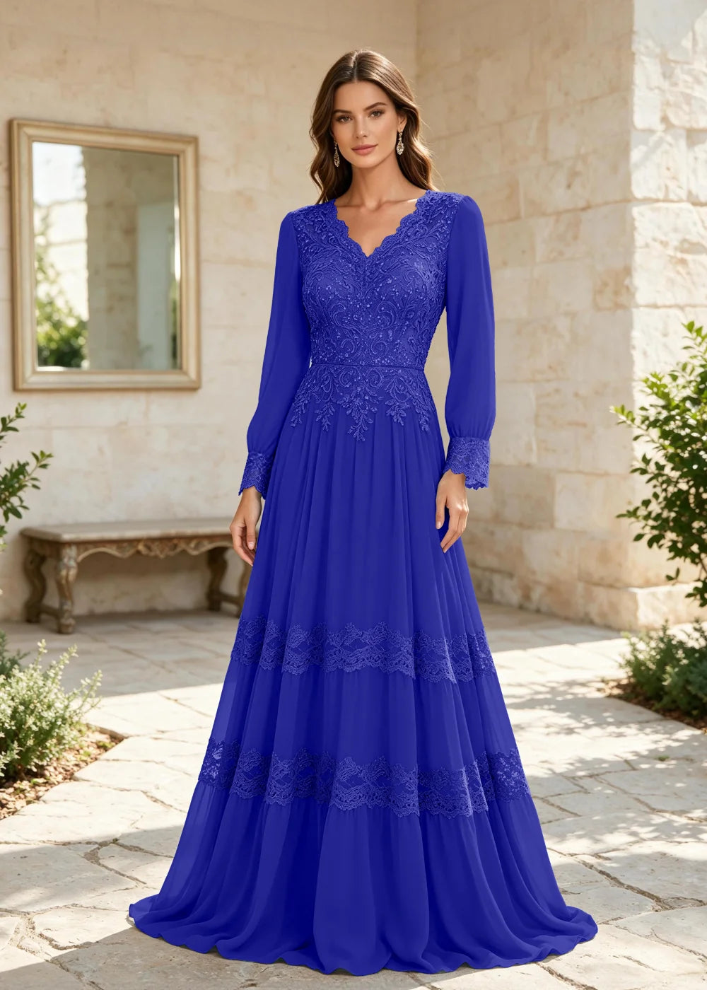 Dusty Blue Long-Sleeve Lace-Tiered Chiffon Gown
