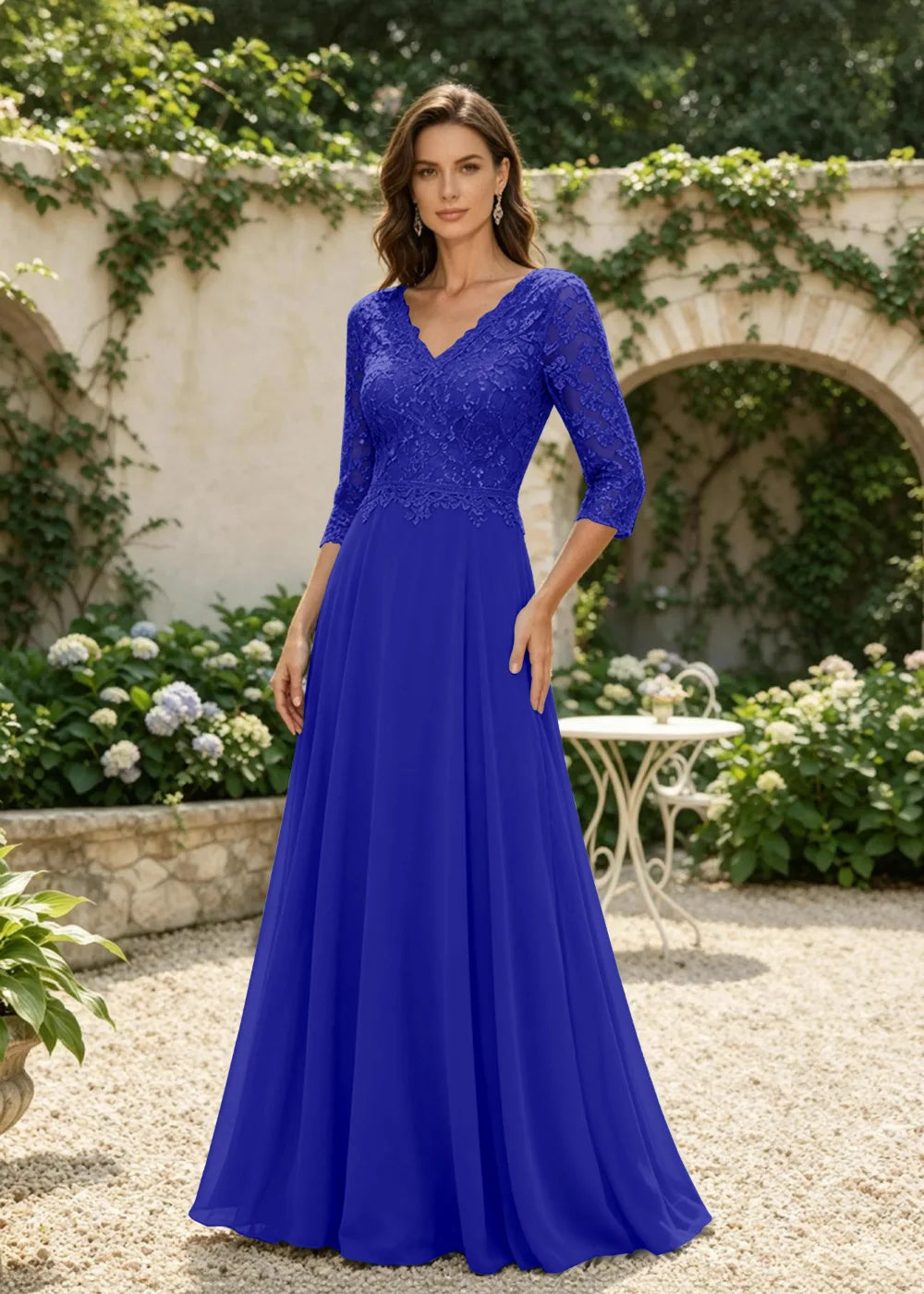 Dusty Blue V-Neck Three-Quarter Lace-Sleeve Maxi Dress