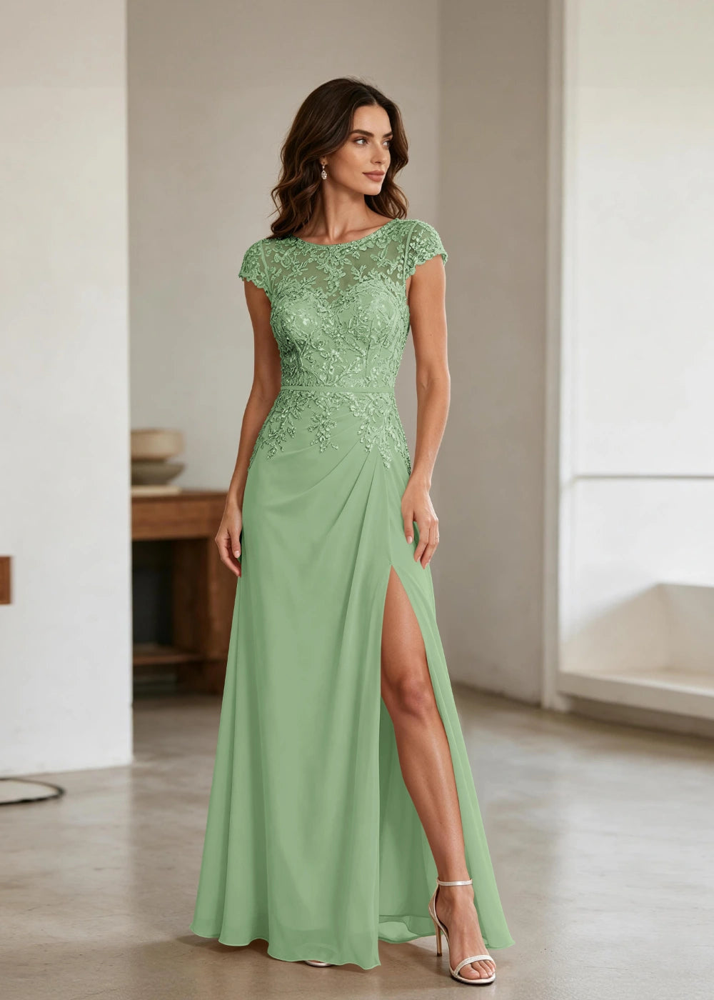 Champagne Lace Cap-Sleeve Chiffon Formal Dress