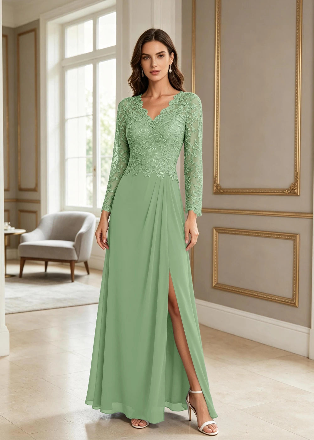 Dusty Blue V-Neck Long-Sleeve Lace Chiffon Dress