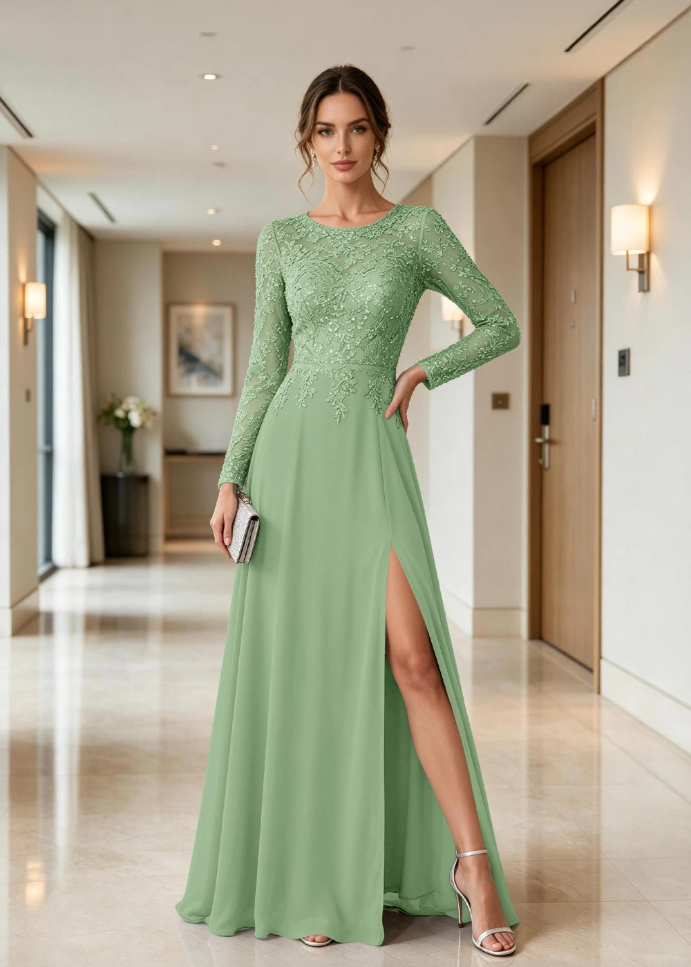 Dusty Blue Illusion-Neck Long-Sleeve Chiffon Dress