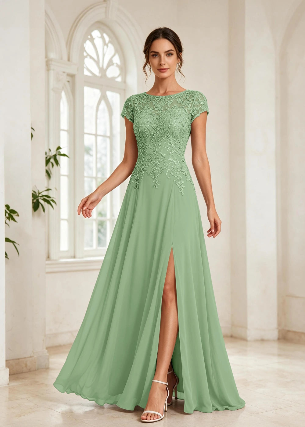 Slate Blue Beaded Cap-Sleeve Chiffon Formal Dress