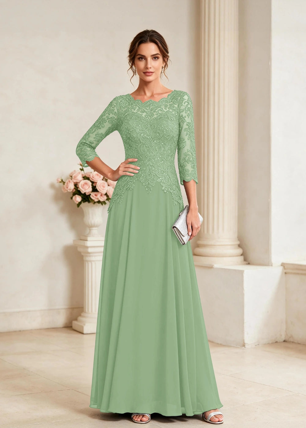 Navy Blue Three-Quarter-Sleeve Lace Chiffon Gown