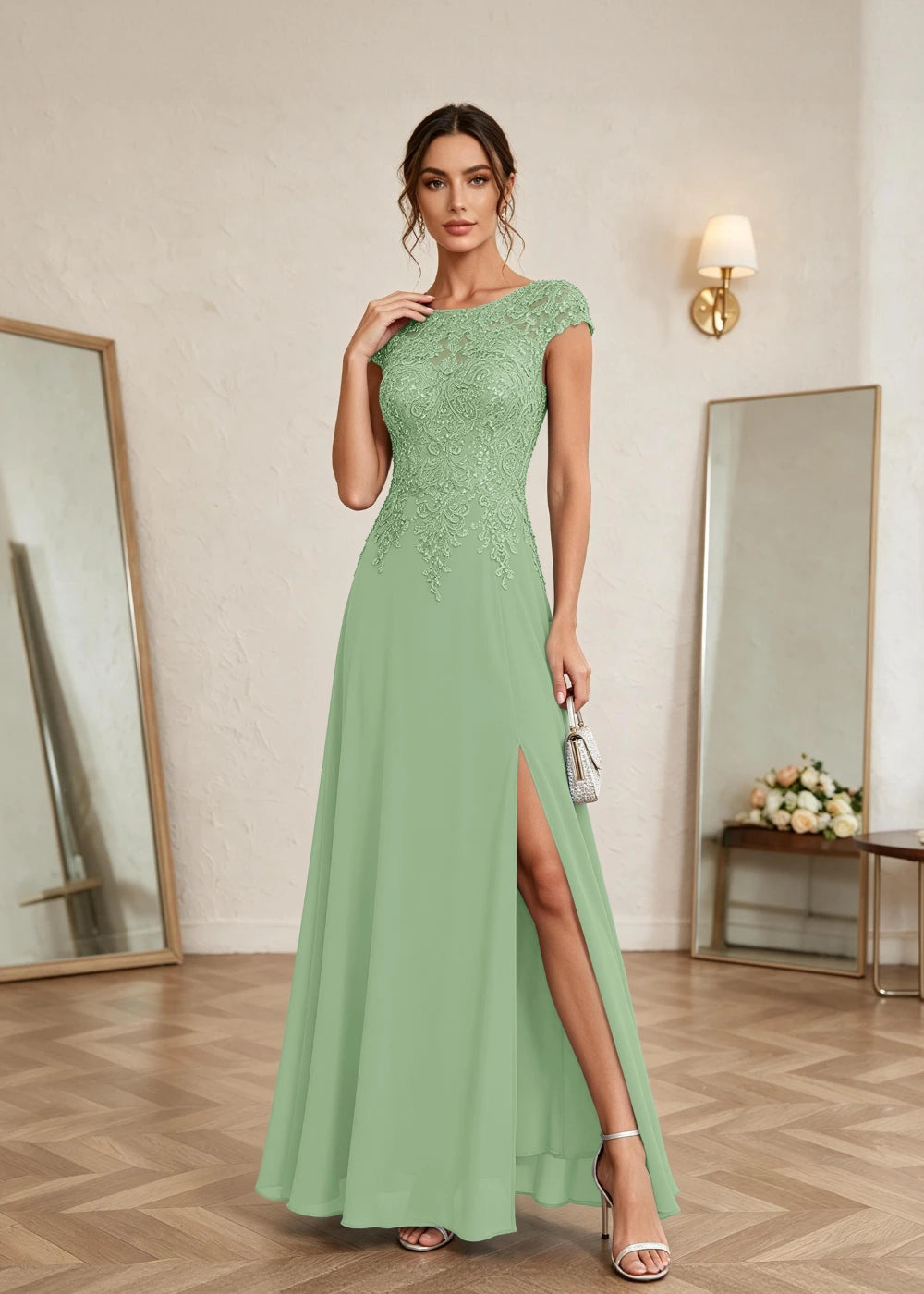 Dusty Blue Cap-Sleeve Lace Chiffon Dress with Slit
