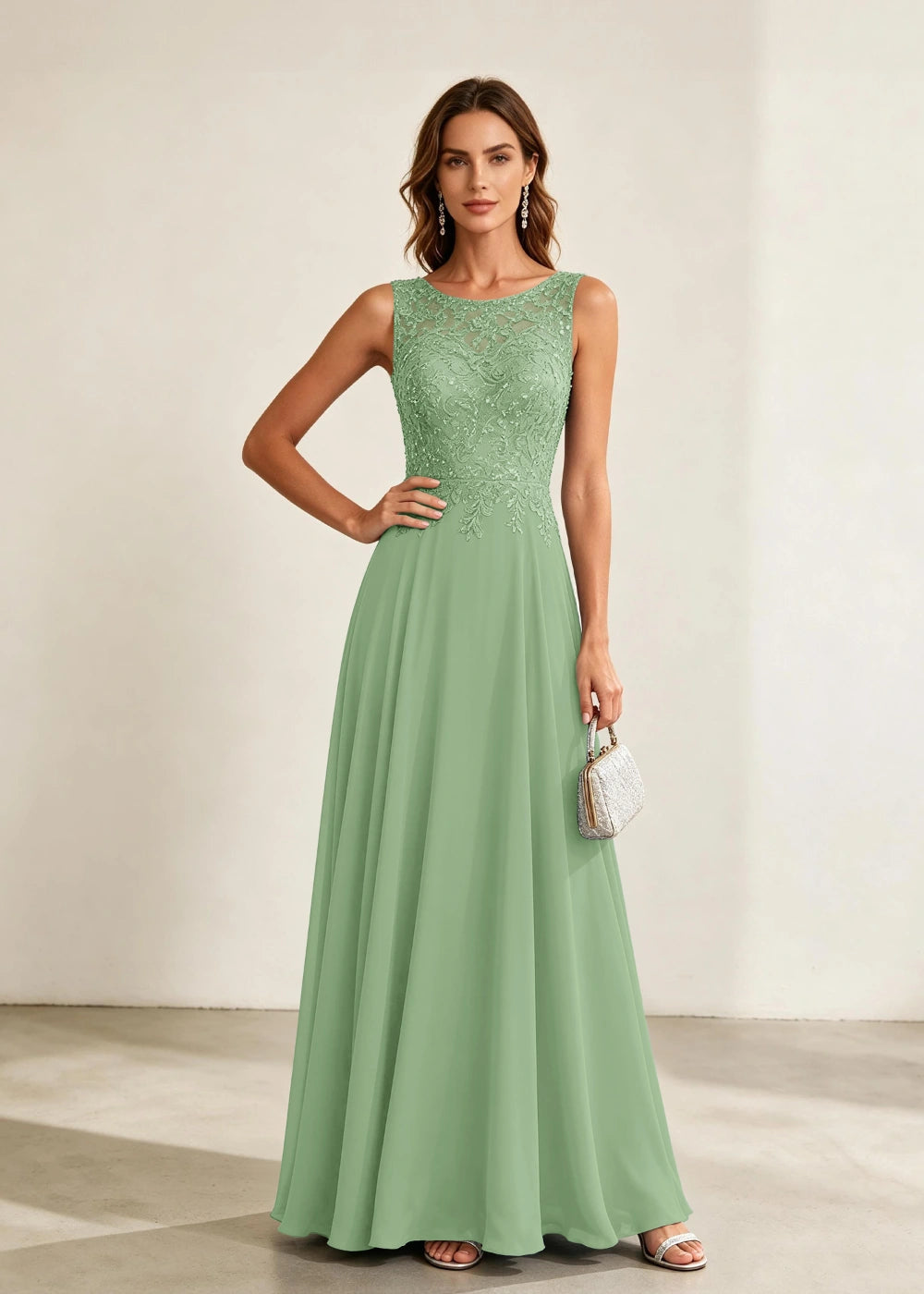 Dusty Blue Sleeveless Lace-Bodice Chiffon Formal Dress