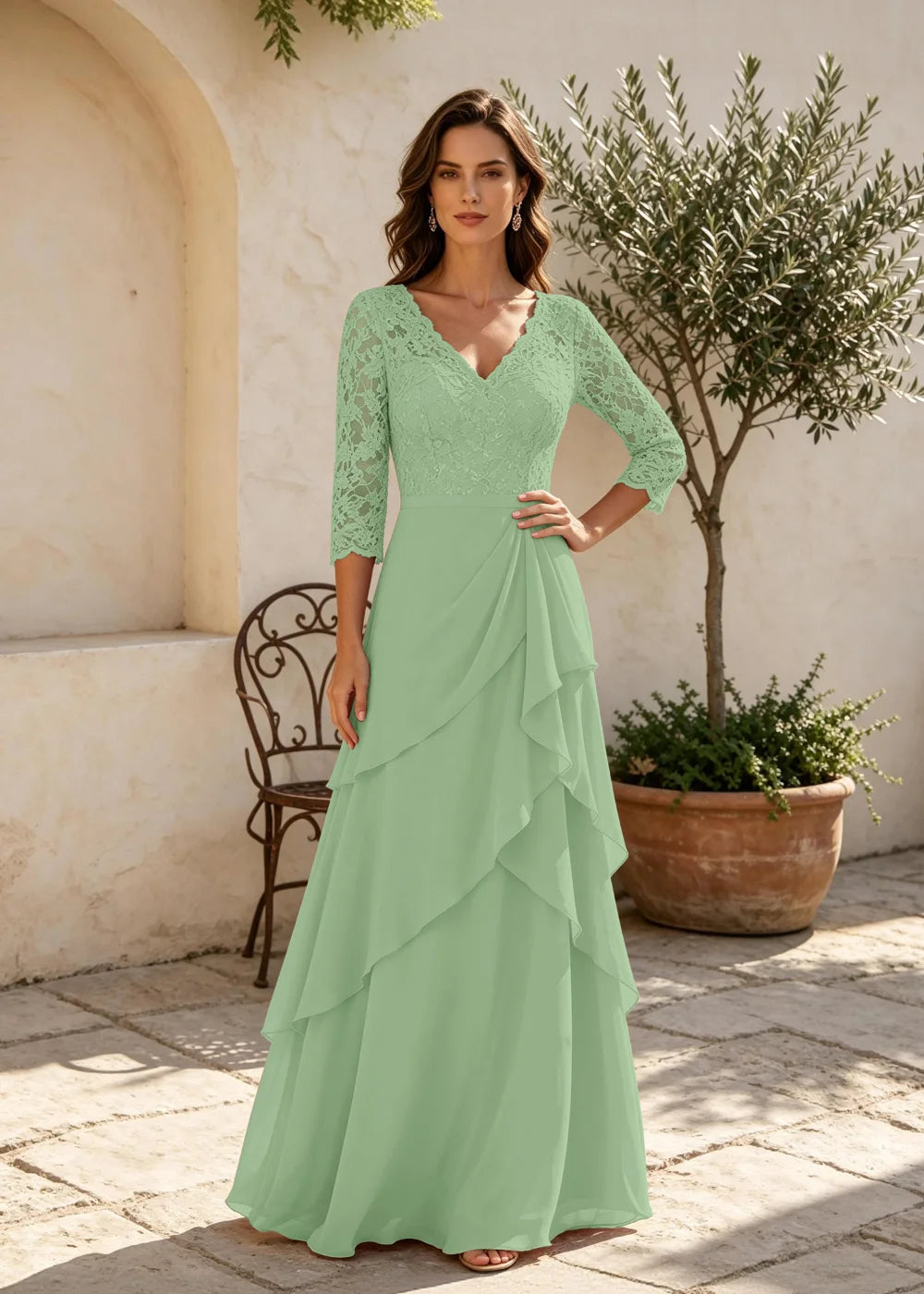 Dusty Rose V-Neck Ruffle Chiffon Maxi Dress