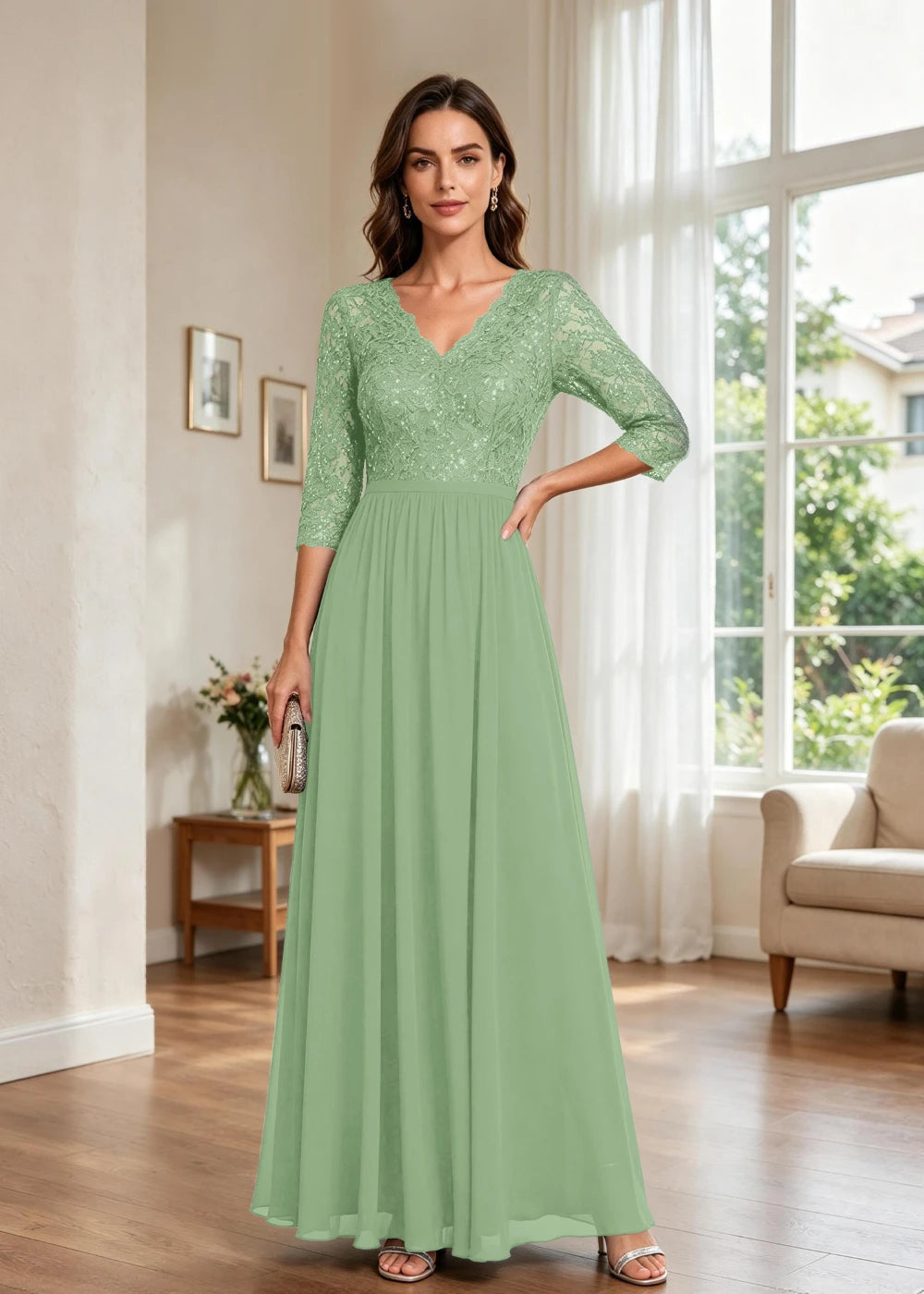 Navy Blue V-Neck Lace-Sleeve Chiffon Maxi Dress