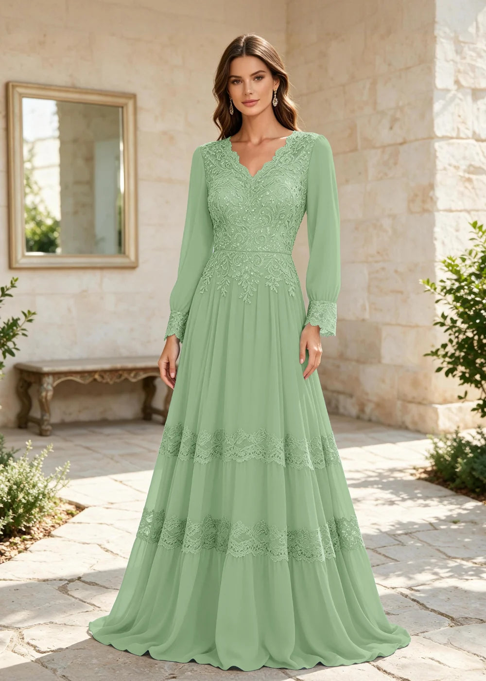Dusty Blue Long-Sleeve Lace-Tiered Chiffon Gown