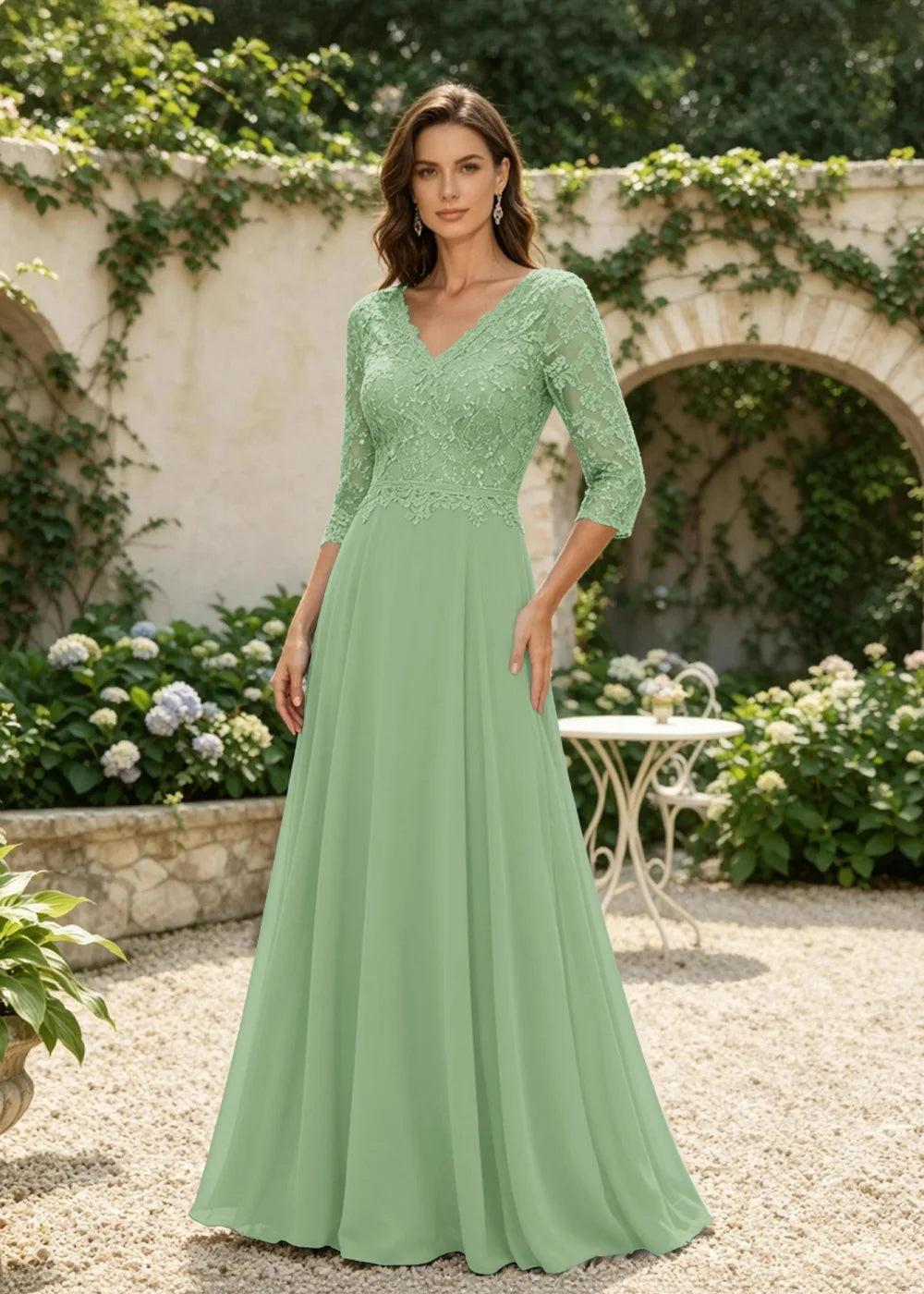 Dusty Blue V-Neck Three-Quarter Lace-Sleeve Maxi Dress