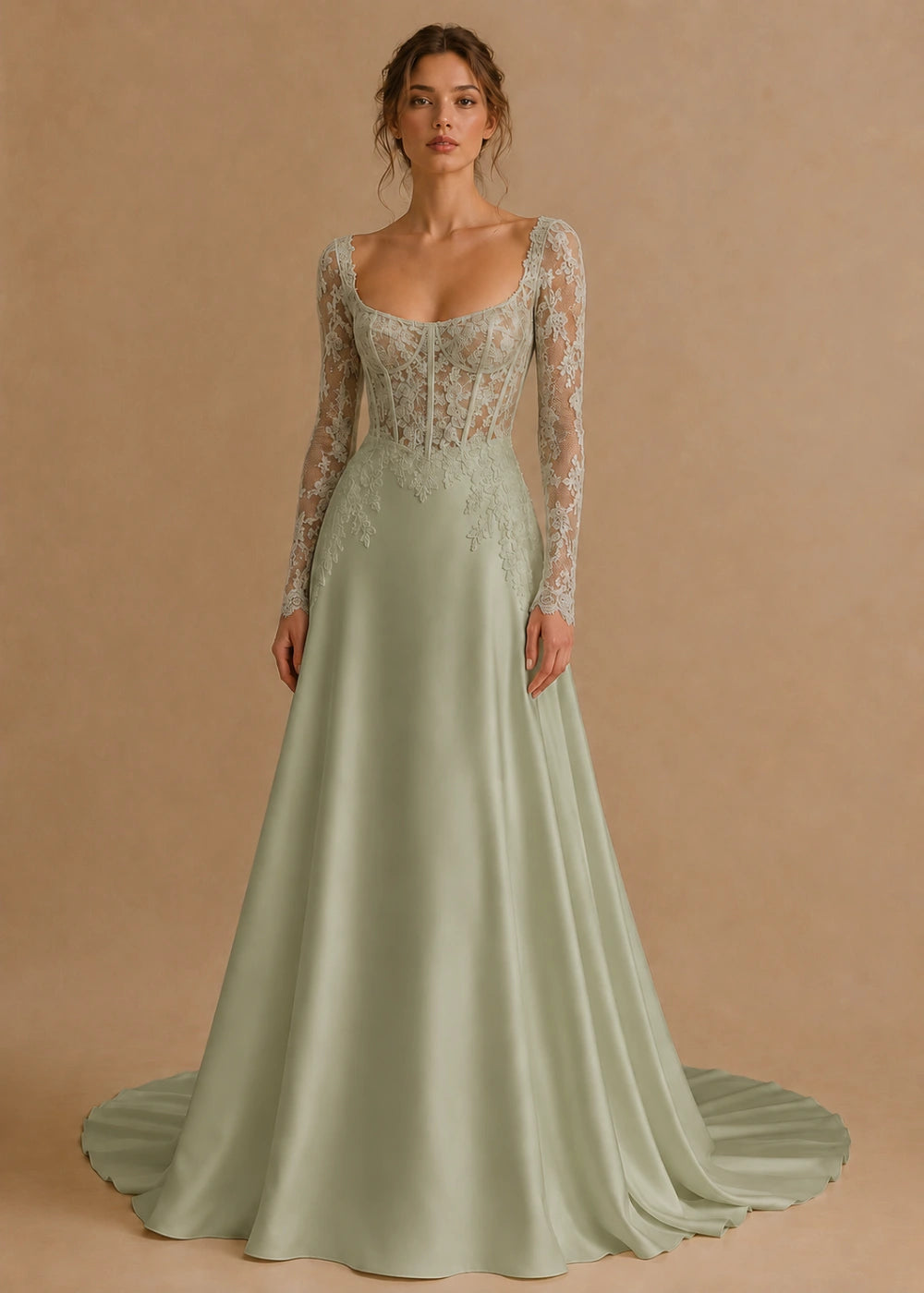 Front view of the sage green square-neck A-line gown with a lace corset-style bodice, long sleeves, and a train