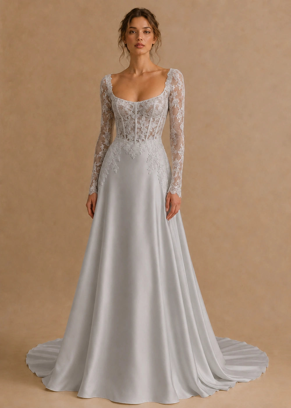 Front view of the silver gray square-neck A-line gown with a lace corset-style bodice, long sleeves, and a train