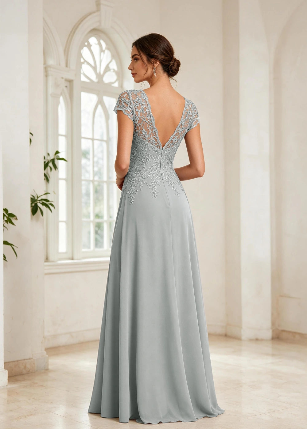 Slate Blue Beaded Cap-Sleeve Chiffon Formal Dress