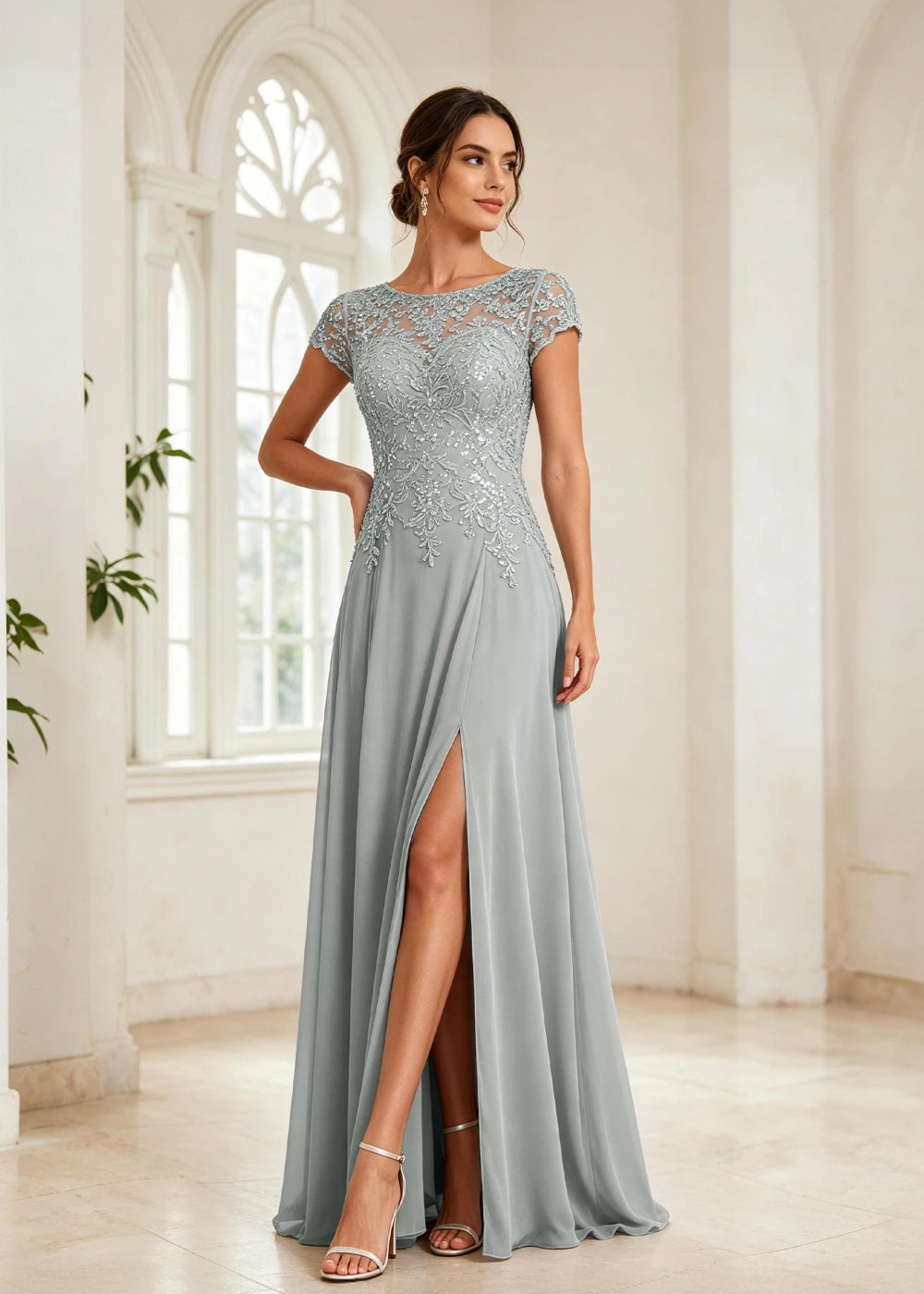 Slate Blue Beaded Cap-Sleeve Chiffon Formal Dress