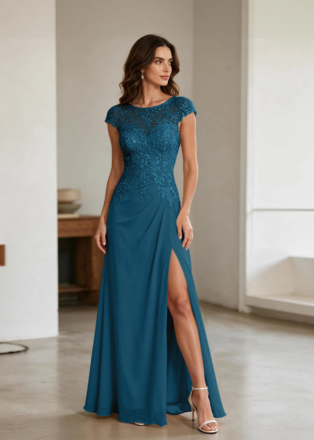 Champagne Lace Cap-Sleeve Chiffon Formal Dress