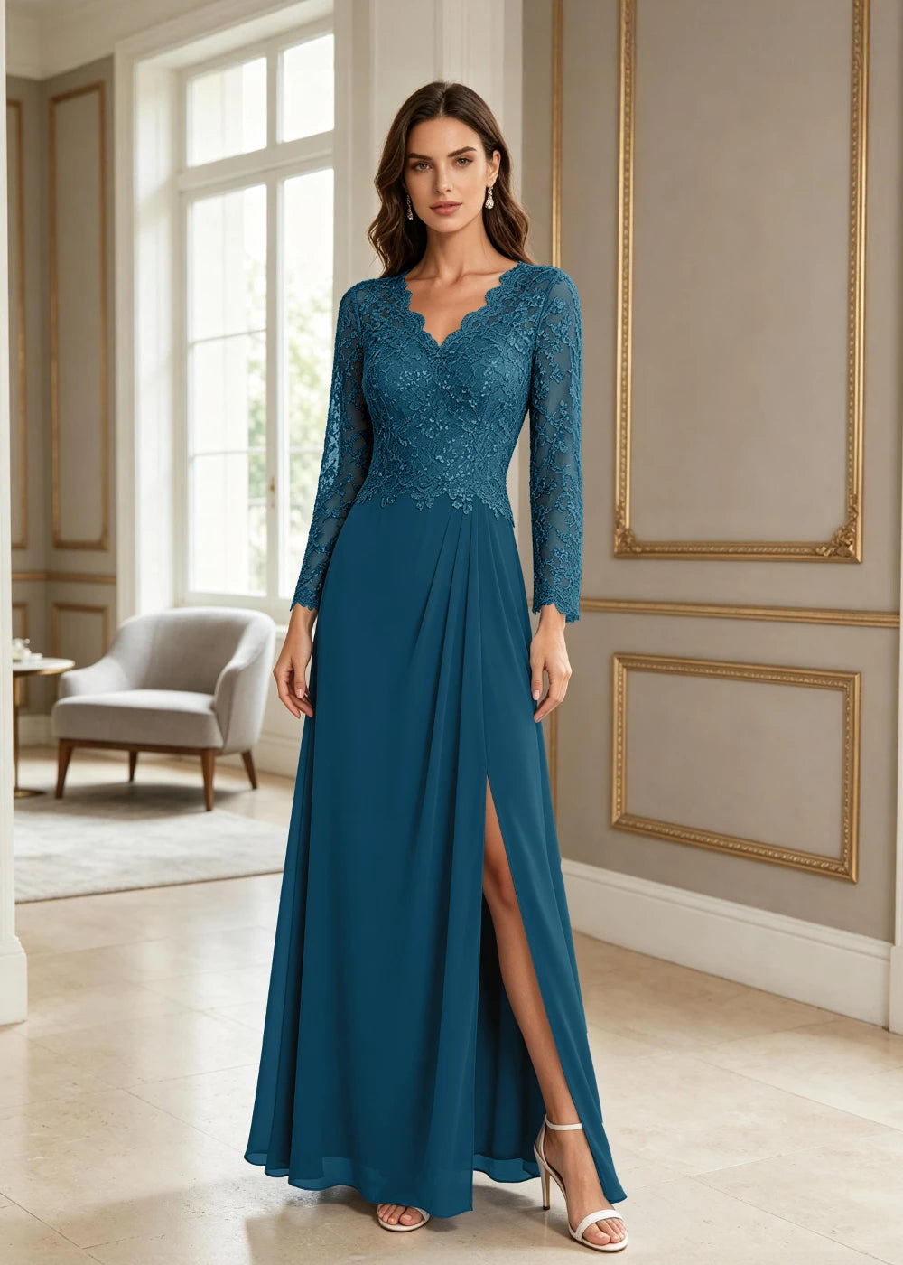 Dusty Blue V-Neck Long-Sleeve Lace Chiffon Dress