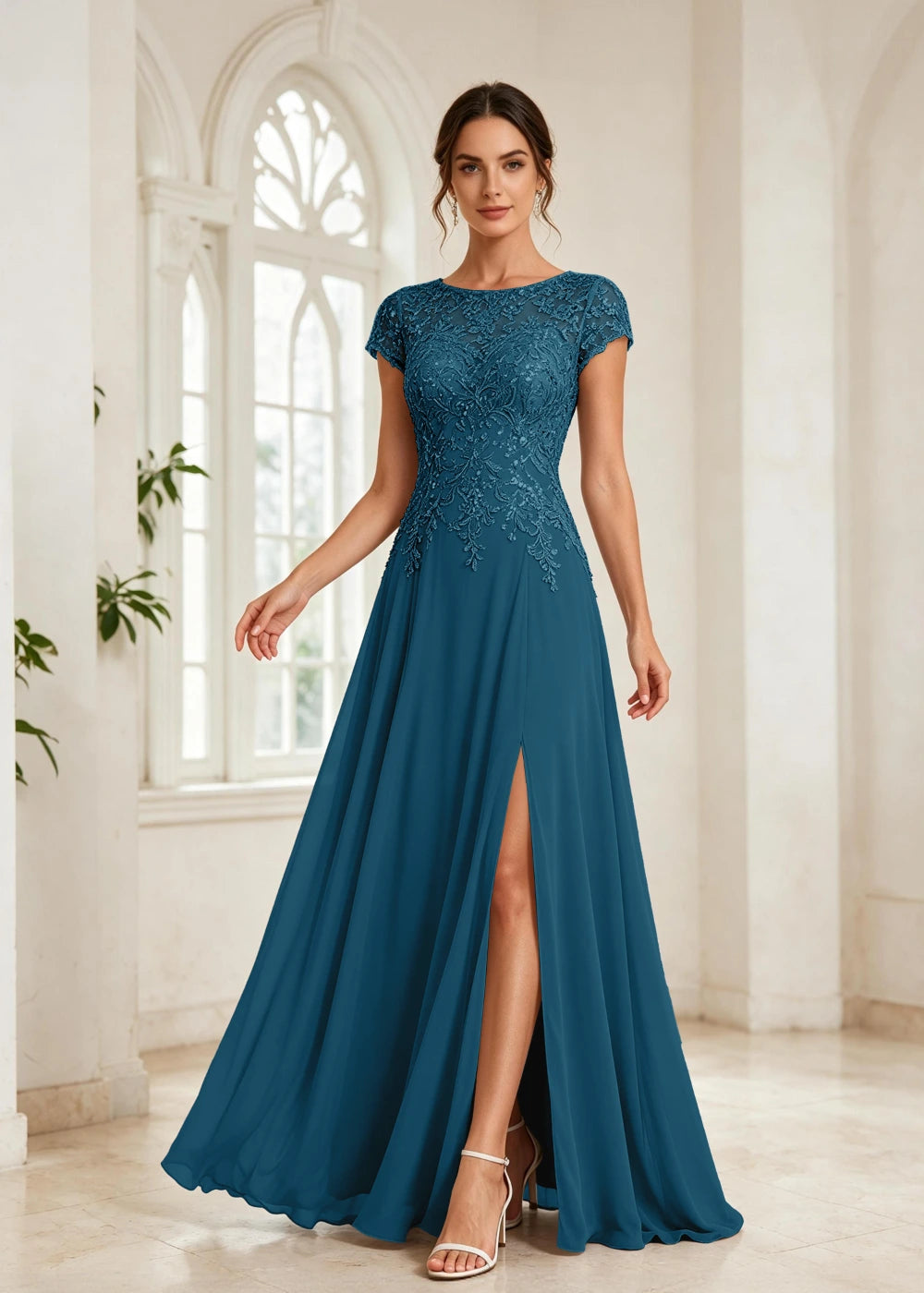 Slate Blue Beaded Cap-Sleeve Chiffon Formal Dress
