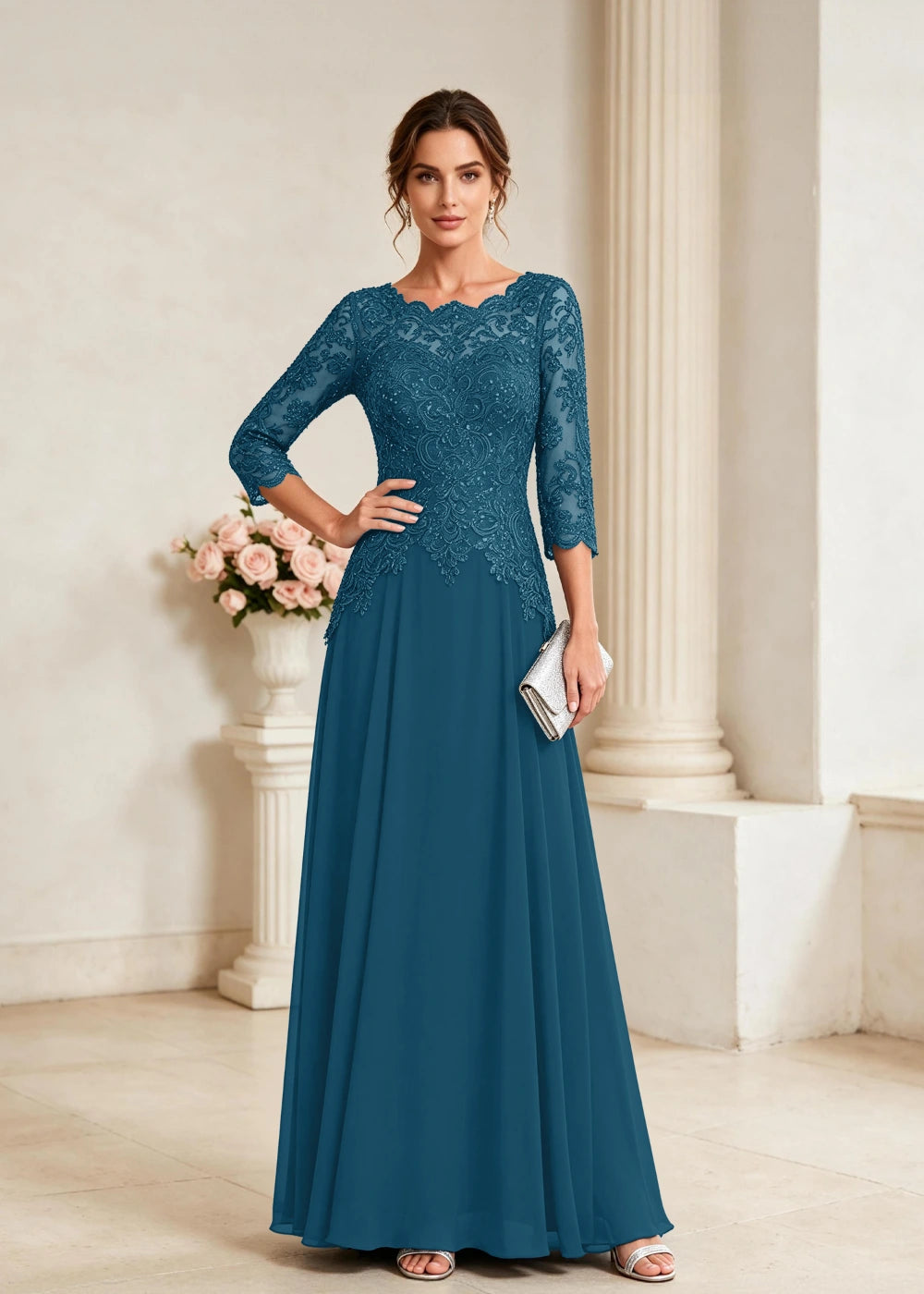 Navy Blue Three-Quarter-Sleeve Lace Chiffon Gown
