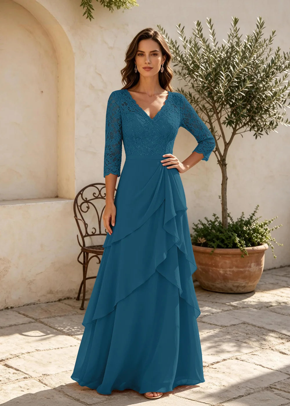 Dusty Rose V-Neck Ruffle Chiffon Maxi Dress