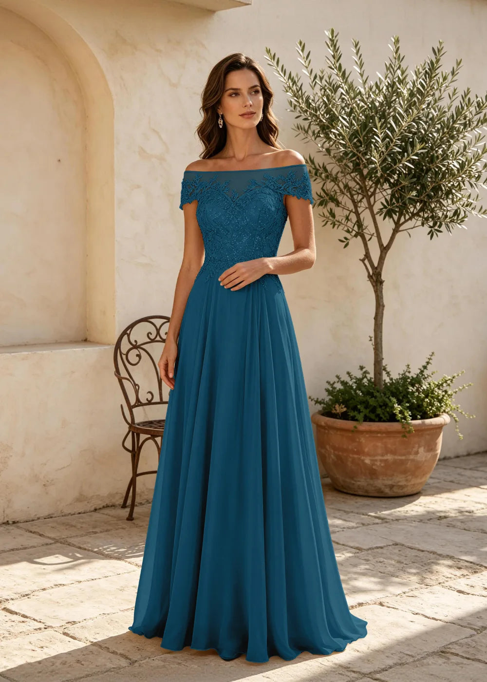 Champagne Off the Shoulder Maxi Dress with Lace