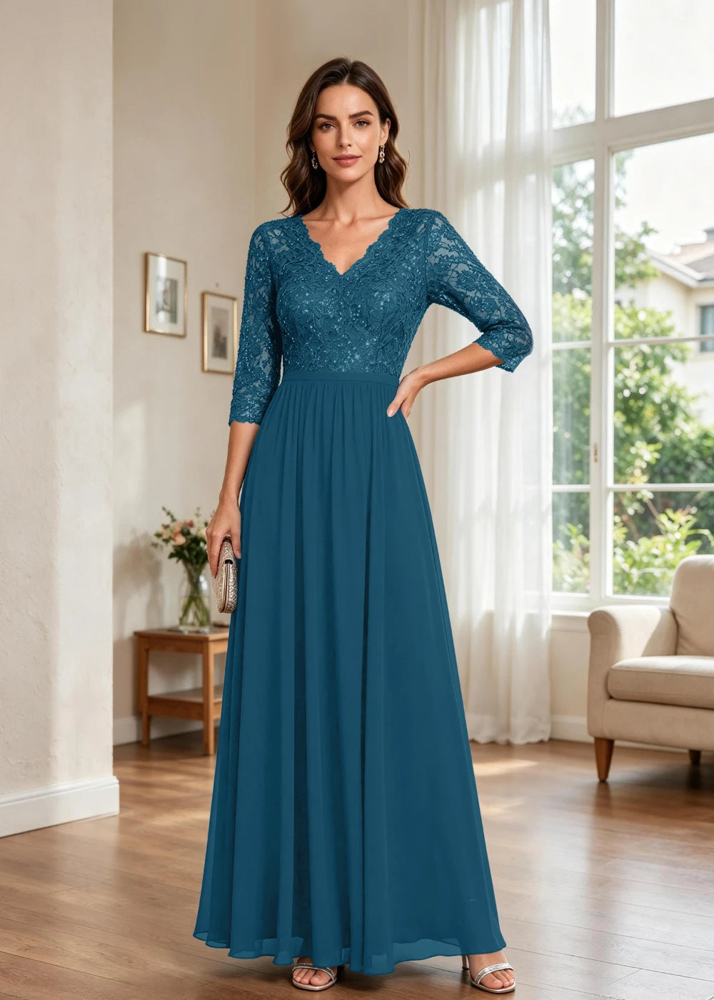 Navy Blue V-Neck Lace-Sleeve Chiffon Maxi Dress