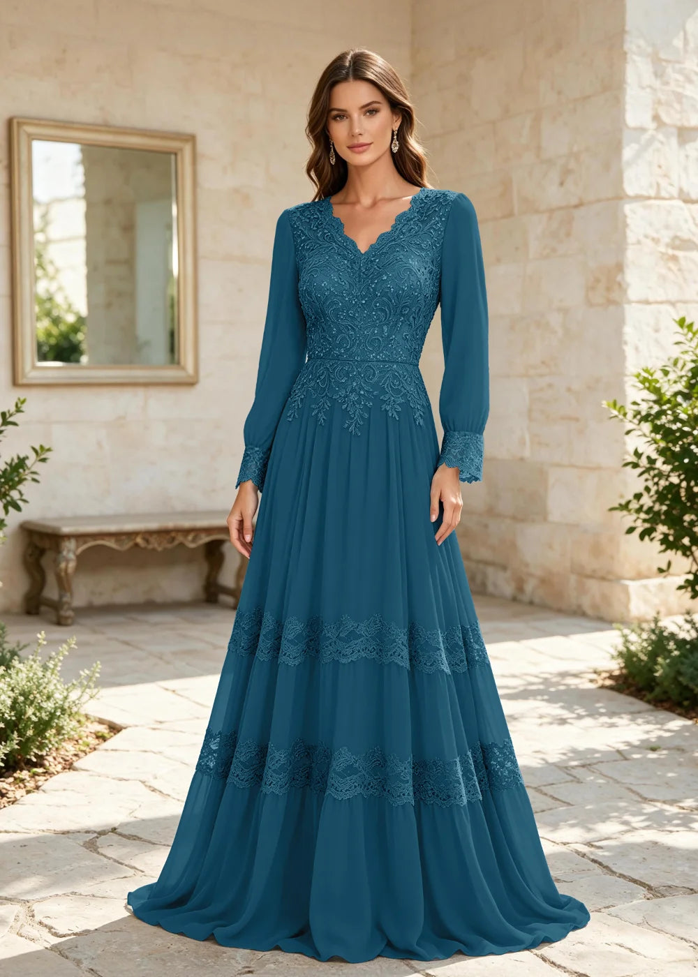 Dusty Blue Long-Sleeve Lace-Tiered Chiffon Gown