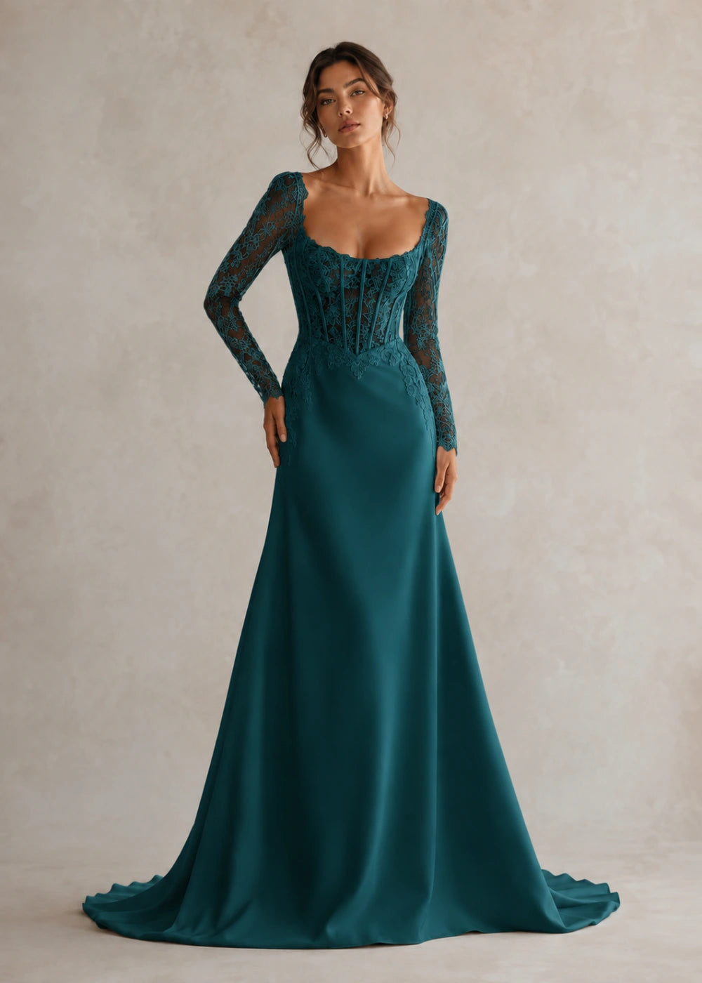 Front view of the teal square-neck fitted gown with long floral-lace sleeves and a softly flared train